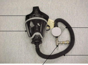 Image of EAB indicating head harness, lens, belt clip, breathing air hose and quick connect
